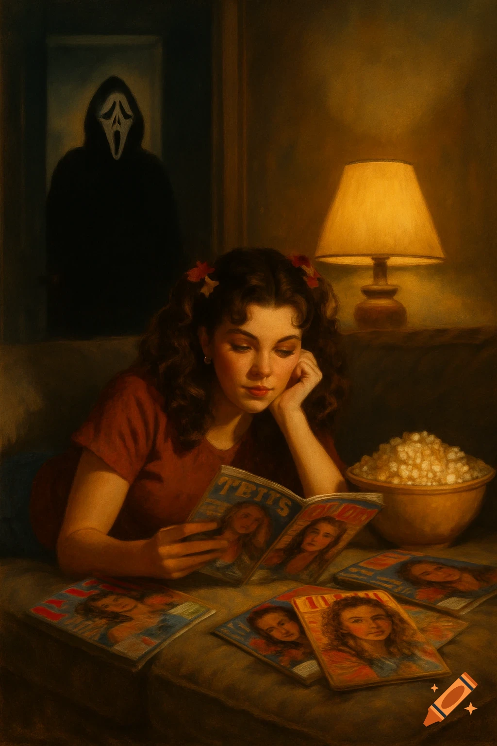 A woman with curly hair reads a magazine by lamp light, a bowl of popcorn next to her, as the Ghostface killer lurks in a dark doorway behind her.