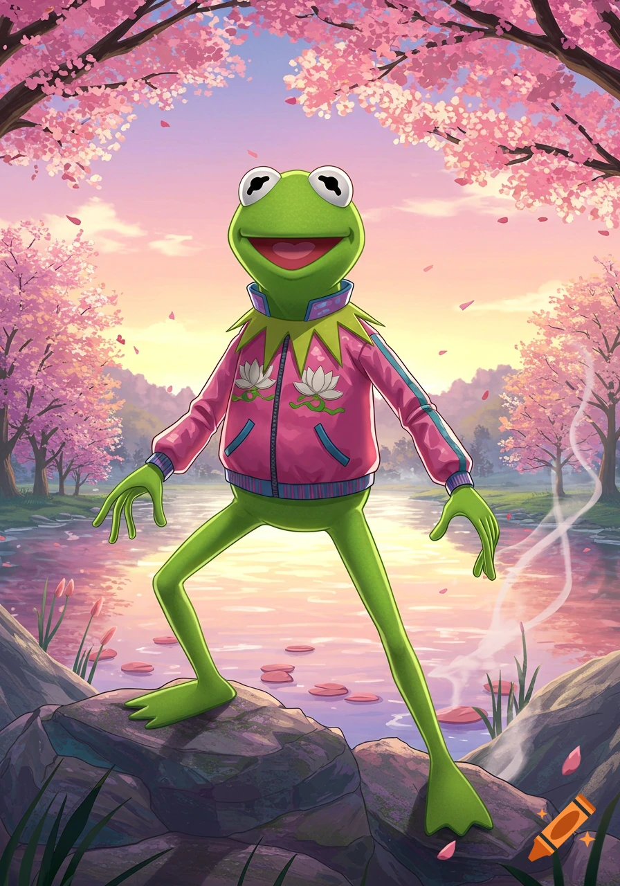 Anime-style Kermit the Frog in a pink jacket stands on rocks by a pond under blooming cherry blossom trees.