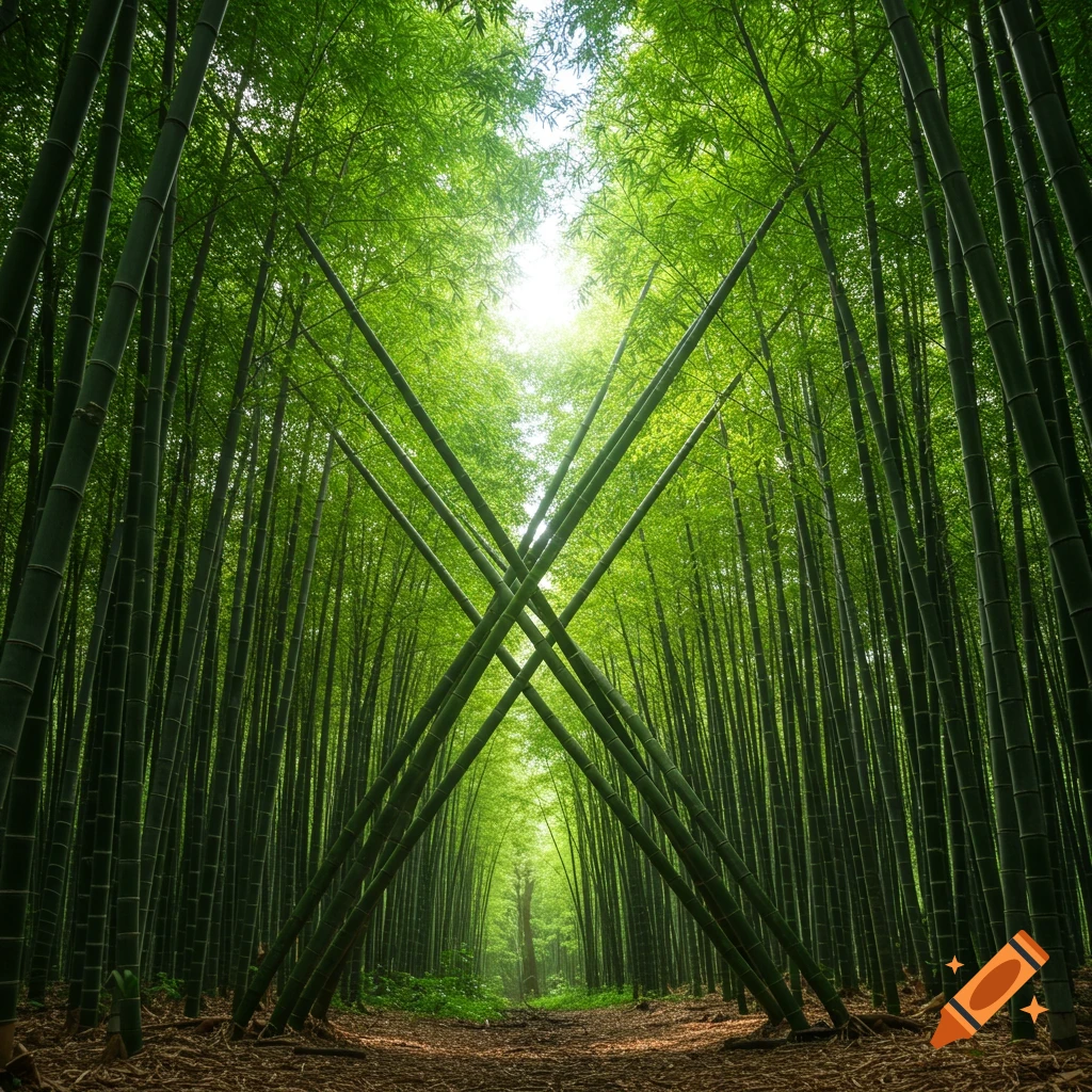 A path through a dense bamboo forest with tall stalks forming an 'X' shape, illuminated by bright sunlight.