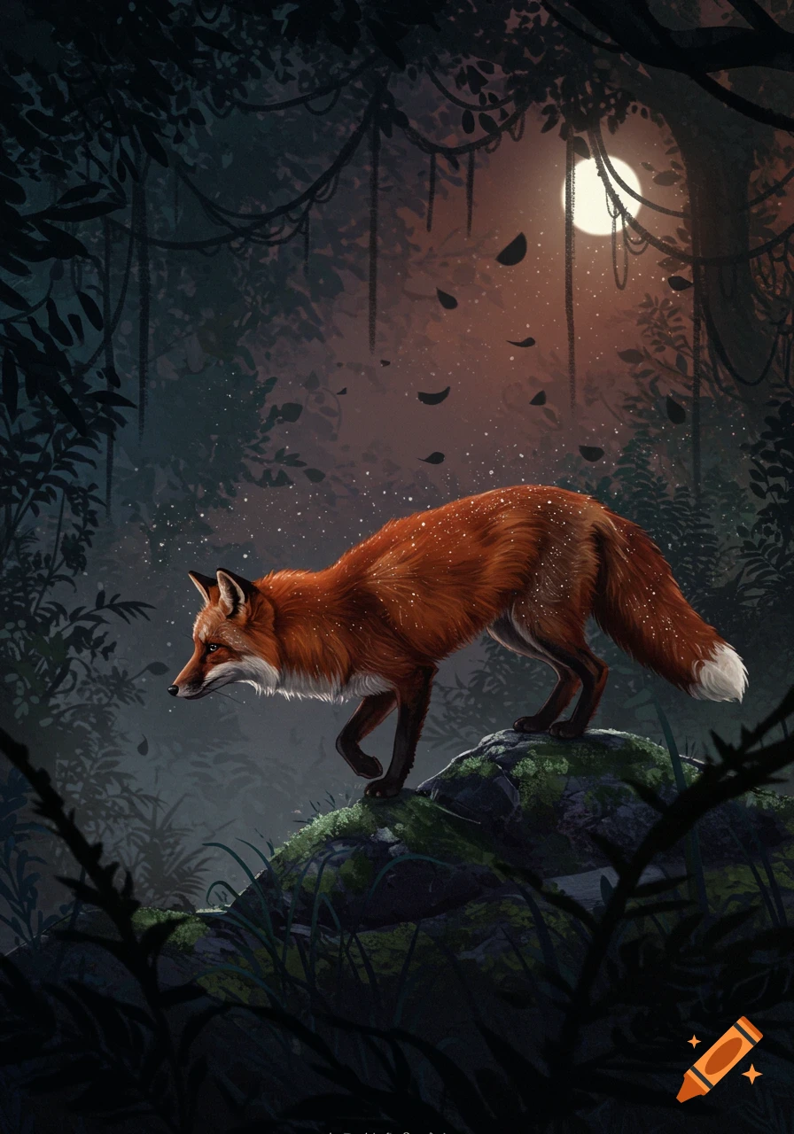 An illustrative painting of a red fox standing on a mossy rock in a dark, moonlit forest at night.