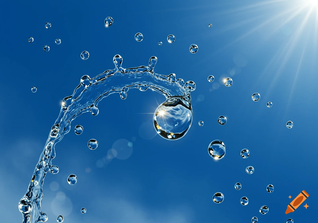 A stream of water splashes and forms droplets against a bright blue sky with sunlight.