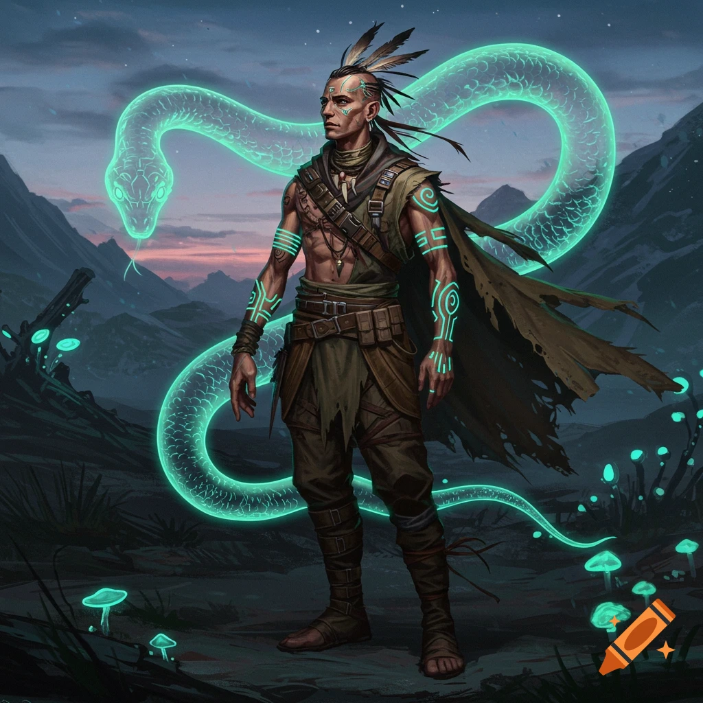 Male fantasy shaman with tribal markings and feathers, glowing green spirit snake, and glowing mushrooms in a dark, mountainous landscape.
