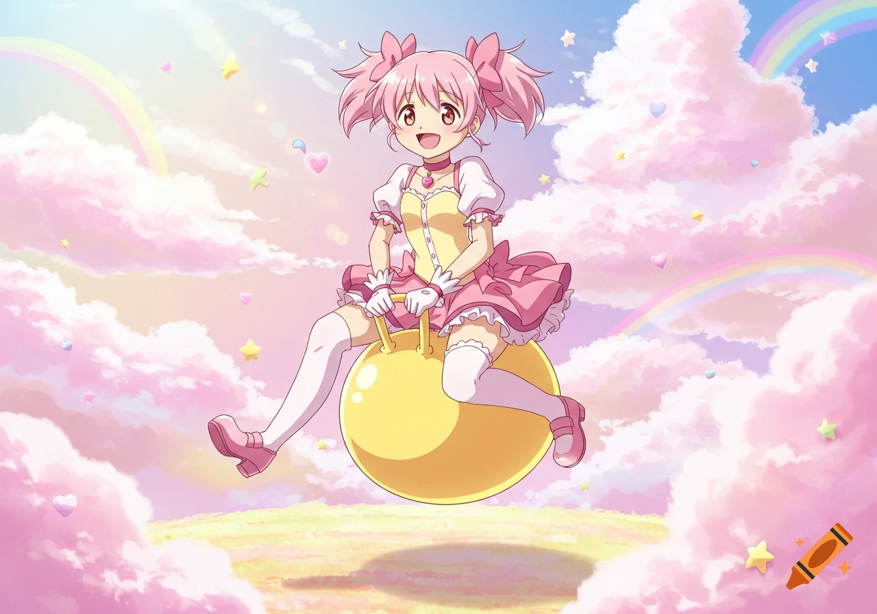 An anime girl with pink pigtails, wearing a pink and yellow dress, happily bounces on a yellow space hopper amidst pink clouds, stars, and rainbows.