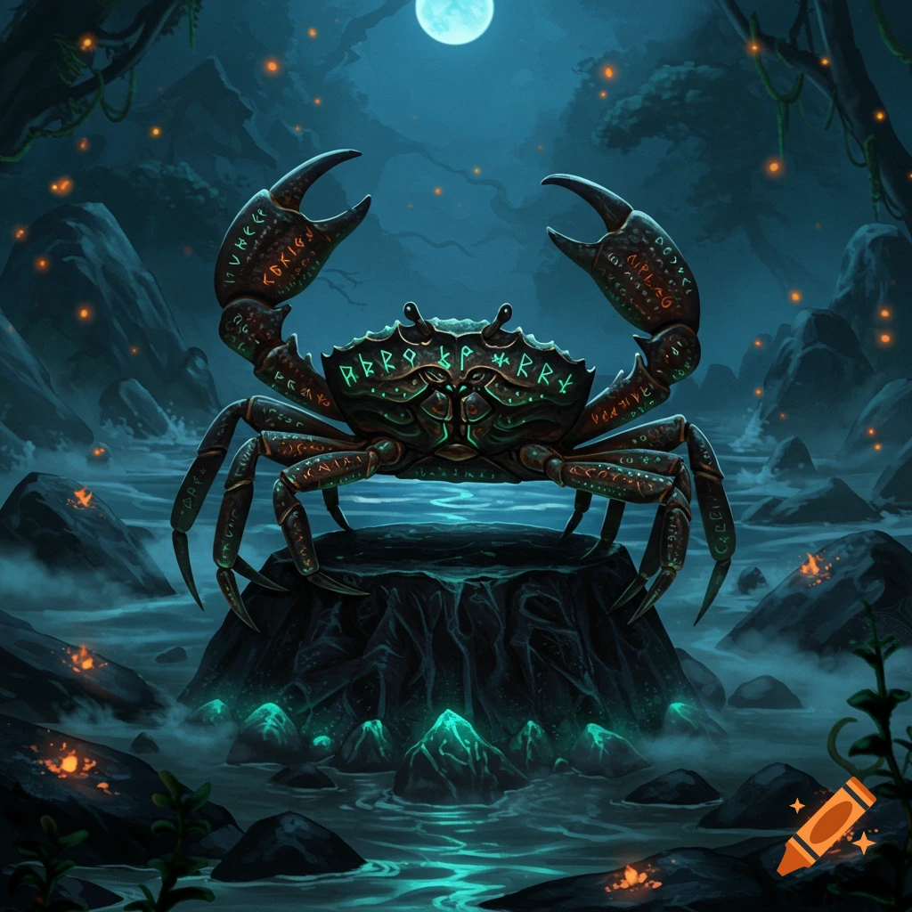 A dark fantasy crab with glowing green runes on its shell stands on a rock in a mystical swamp under a full moon.