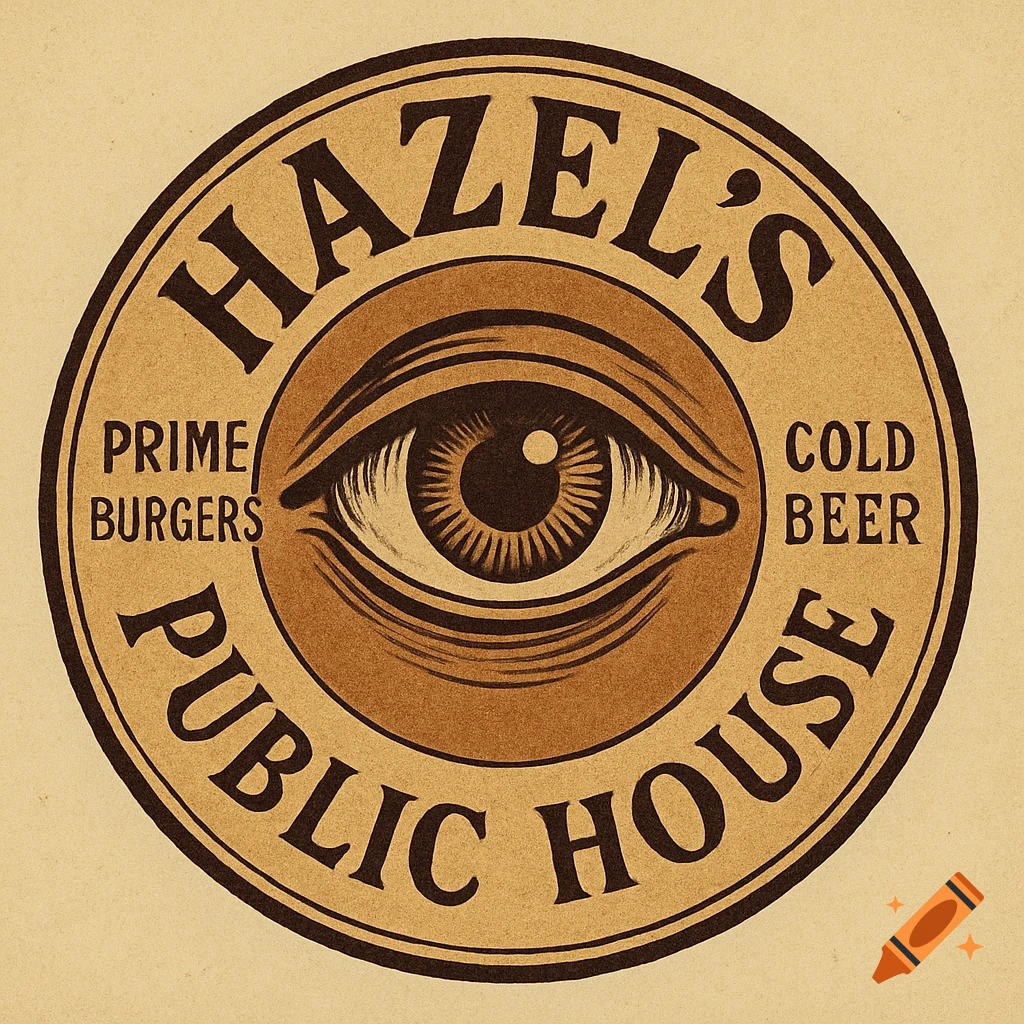 Circular vintage-style logo for Hazel's Public House with a central eye illustration and text 'Prime Burgers' and 'Cold Beer'.