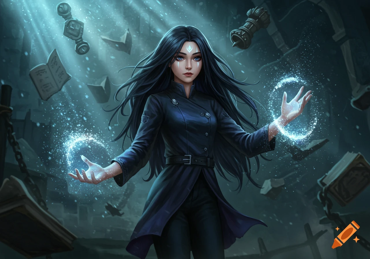 A dark-haired woman with glowing hands uses magic in a mystical, ethereal fantasy setting with floating objects. Digital art.