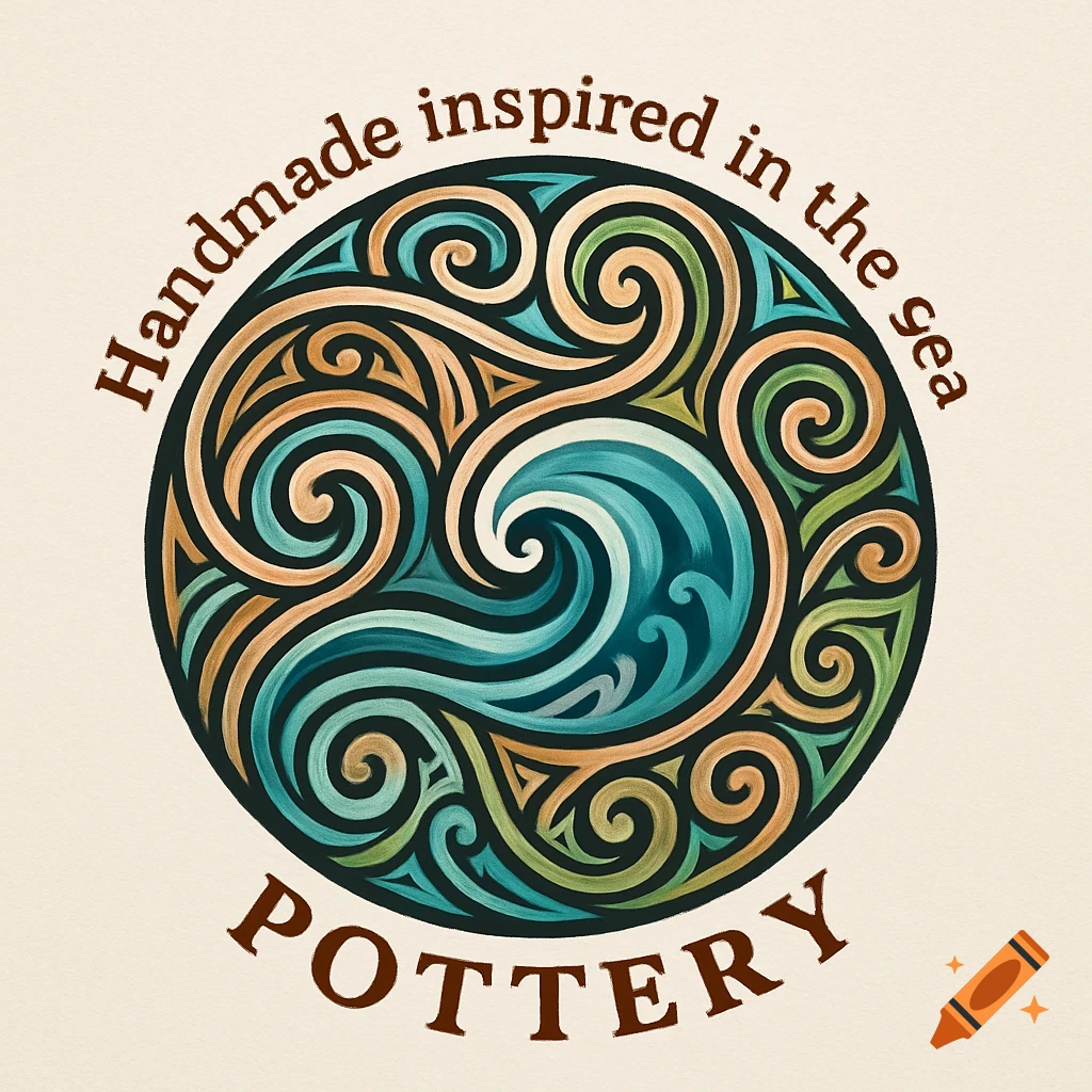 A circular pottery logo with intricate swirling patterns in blue, green, and earthy tones, resembling waves and tribal motifs. Text: 'Handmade inspired in the sea' and 'POTTERY'.
