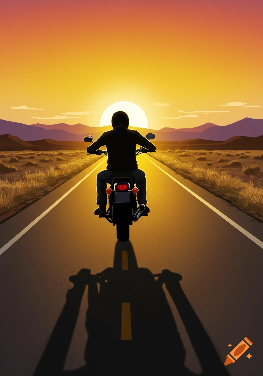 Stylized illustration of a person on a motorcycle riding down a straight desert road towards a large orange sunset.