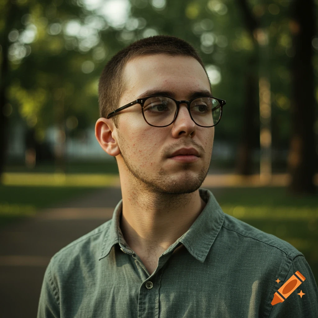 Close-up portrait of a young man with glasses and a buzz cut, looking right, with a bokeh park background.