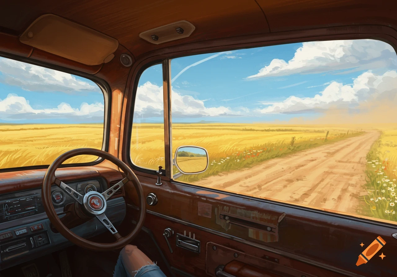 Painted view from inside a truck, a person's leg in cut-off jeans visible, looking out at a dirt road through golden fields under a blue sky.