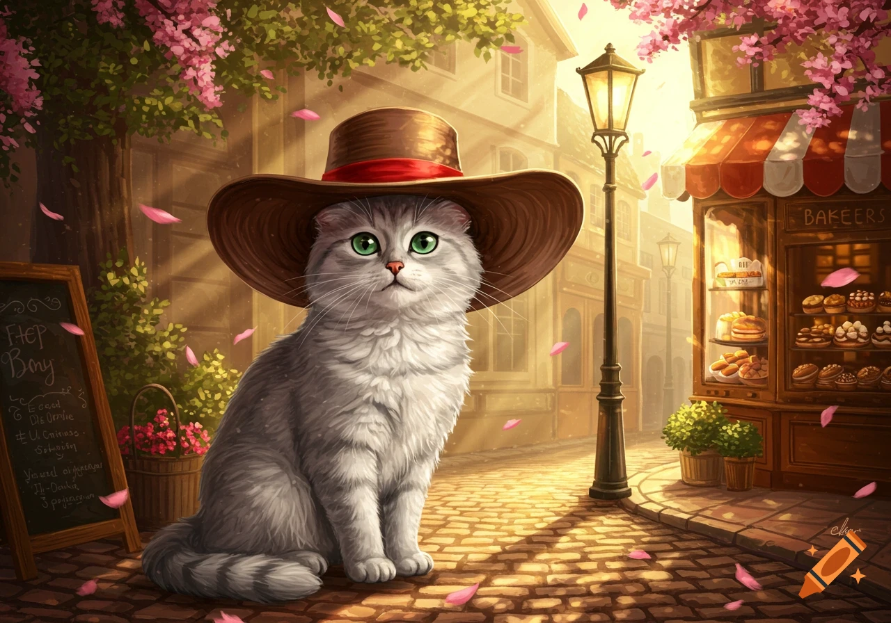 A whimsical illustration of a fluffy grey cat in a brown hat, sitting on a cobblestone street near a bakery under pink blossoms.