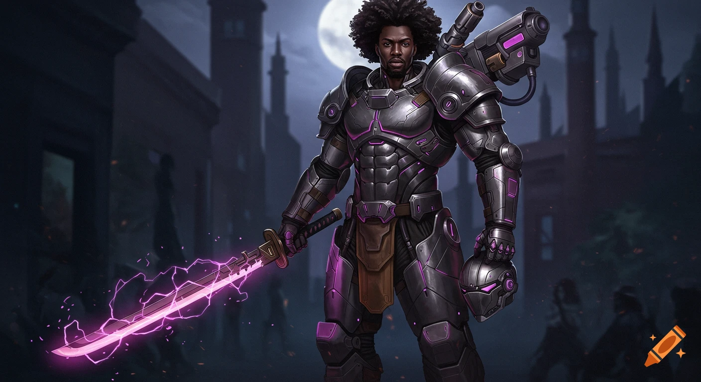A Black African knight in massive dark futuristic armor with glowing violet circuits holds a purple energy katana, stands on a dark city street under a full moon.
