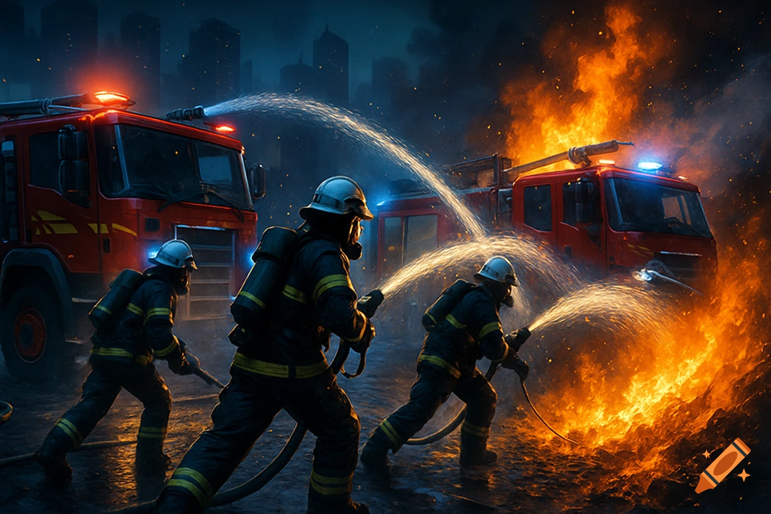 Firefighters with fire trucks battling a large blaze in a city at night, dousing flames with water.