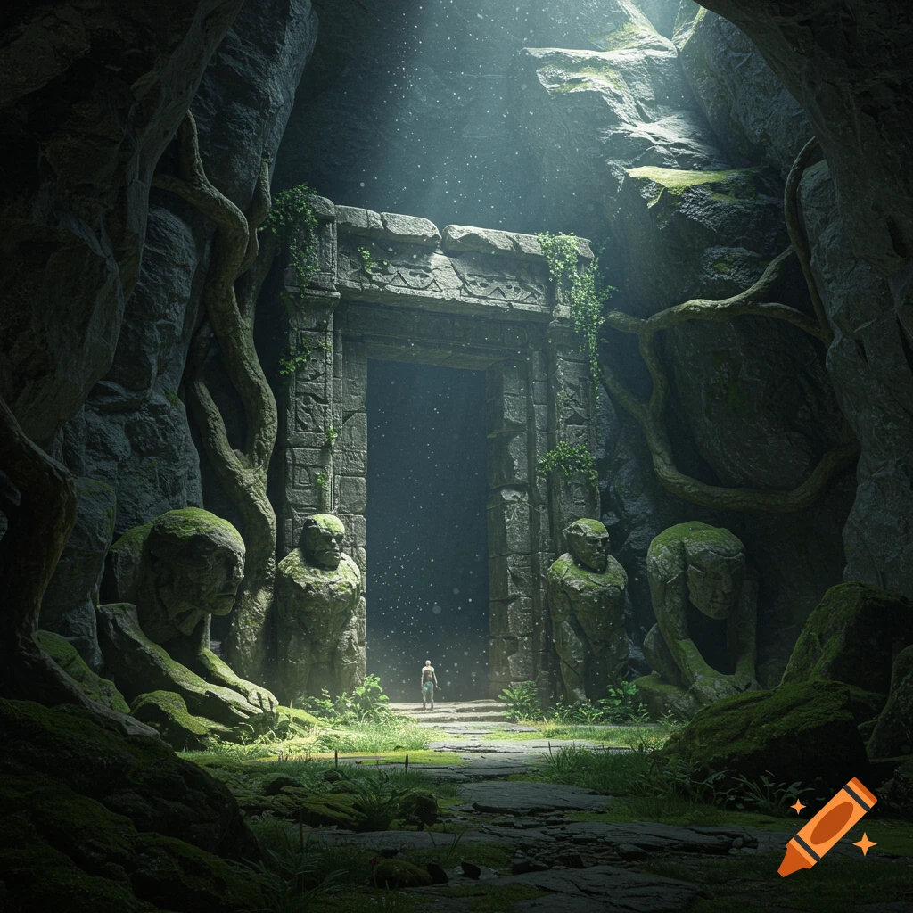 A person stands before a large, moss-covered stone archway flanked by ancient statues in a dimly lit, sunlit cavern.