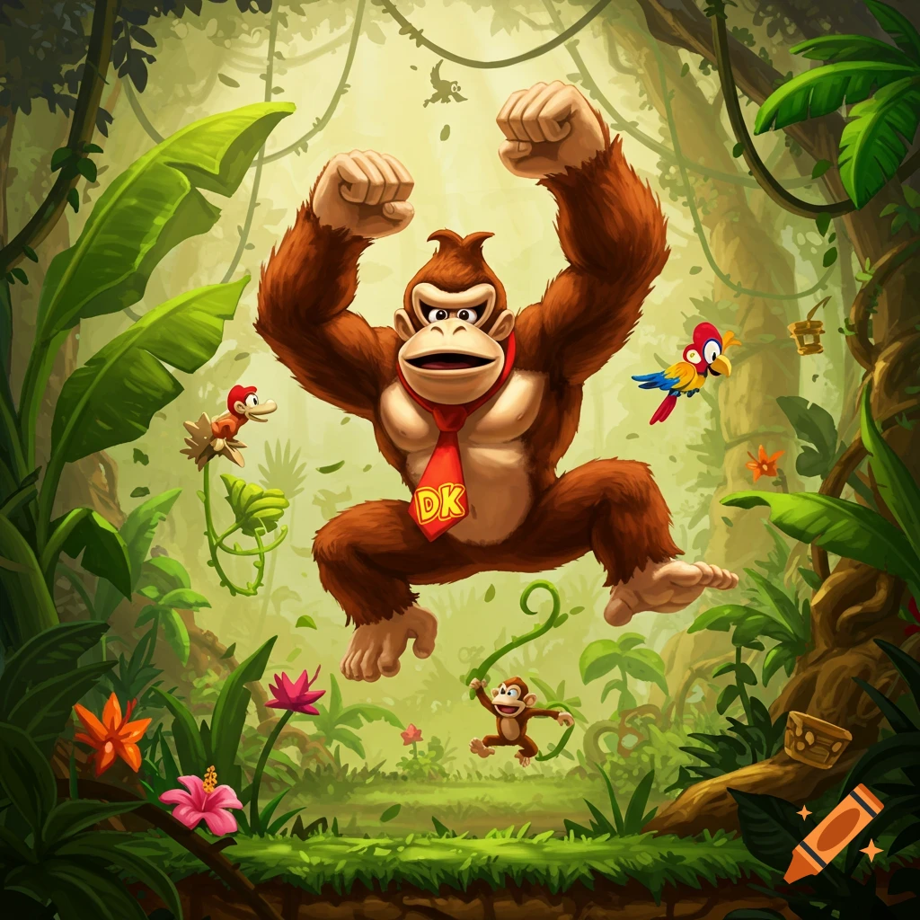 Donkey Kong leaps through a vibrant green jungle with other small monkeys, birds, and tropical flowers.