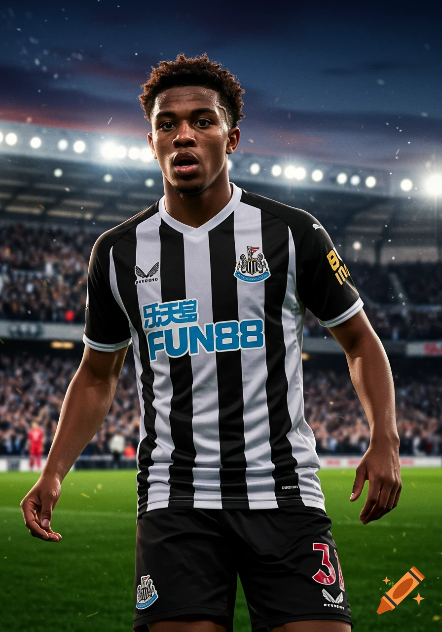 A photorealistic image of a young male footballer wearing a black and white striped Newcastle United jersey and shorts, standing on a stadium pitch at dusk under bright lights.