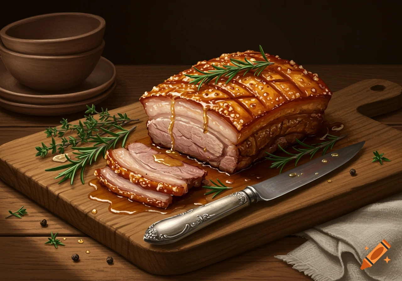 A painting of a crispy, saucy pork belly, partially sliced, on a wooden cutting board with herbs, a knife, and bowls.