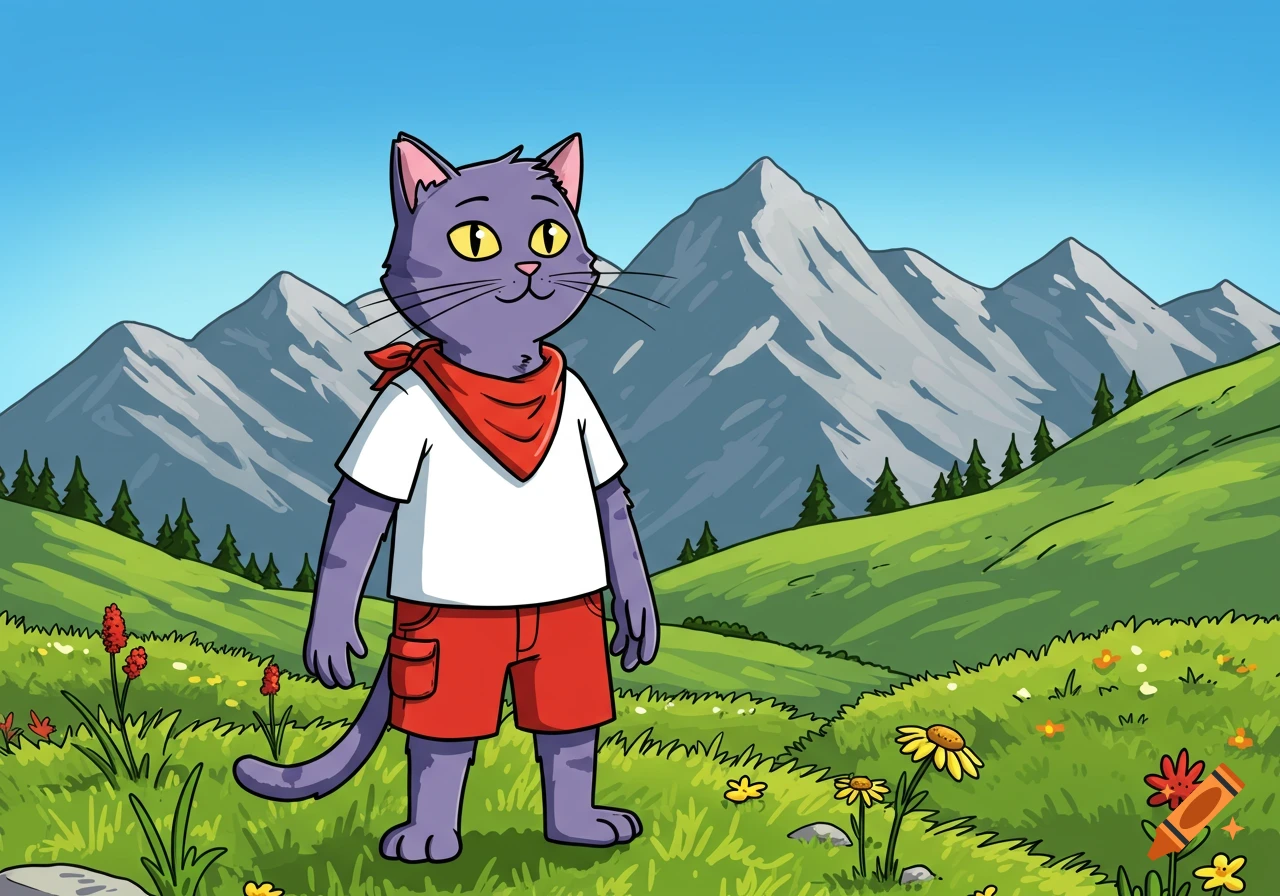 A purple cartoon cat wearing a white t-shirt, red bandana, and red shorts stands in a green mountain landscape with wildflowers under a blue sky.