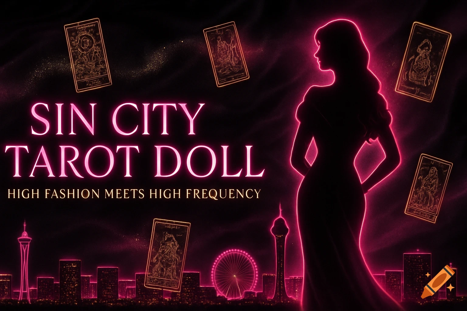 Neon art of a woman's silhouette and floating tarot cards over a pink Vegas skyline at night, with text 'SIN CITY TAROT DOLL'.
