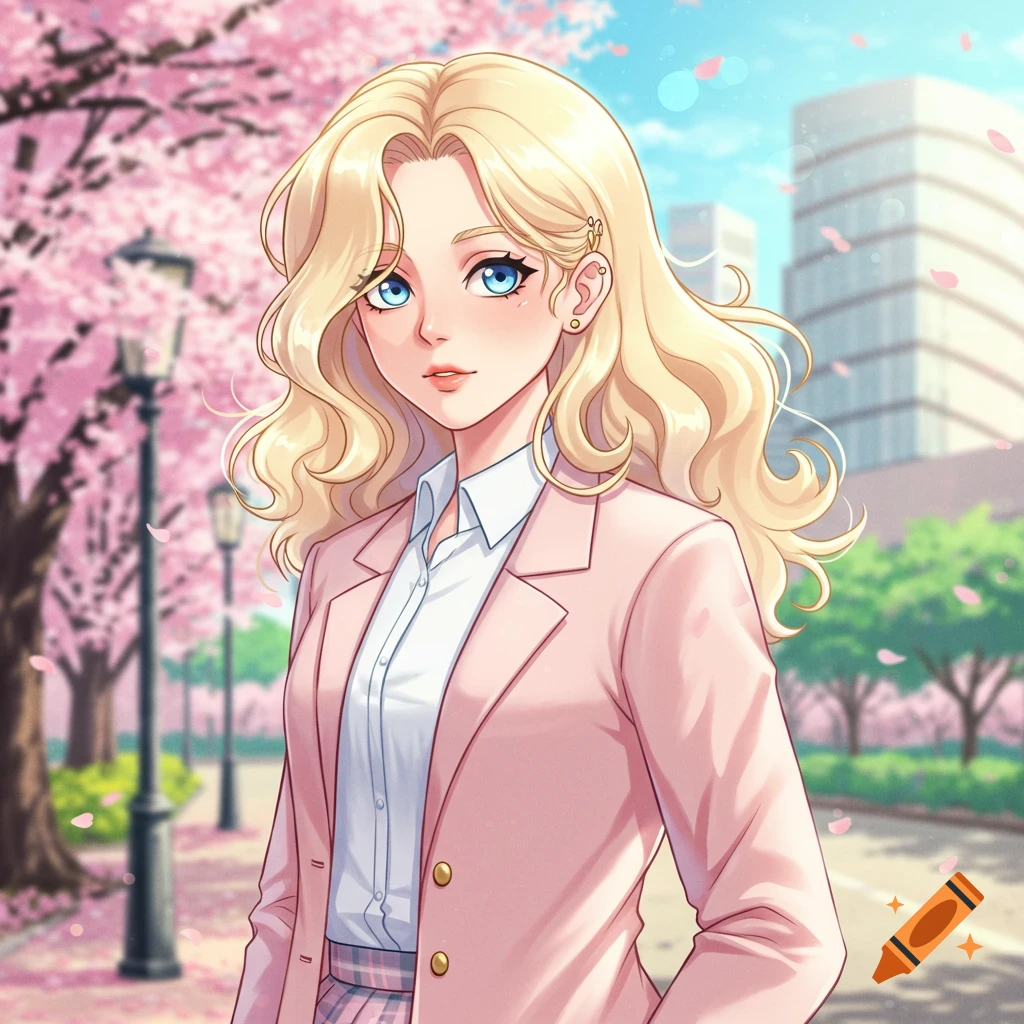 Blonde anime character in a pink preppy outfit stands in a cherry blossom park with buildings in the background.