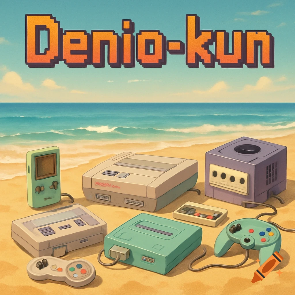 A stylized illustration of retro gaming consoles and controllers on a sandy beach, with 'Denio-kun' in pixel art above.
