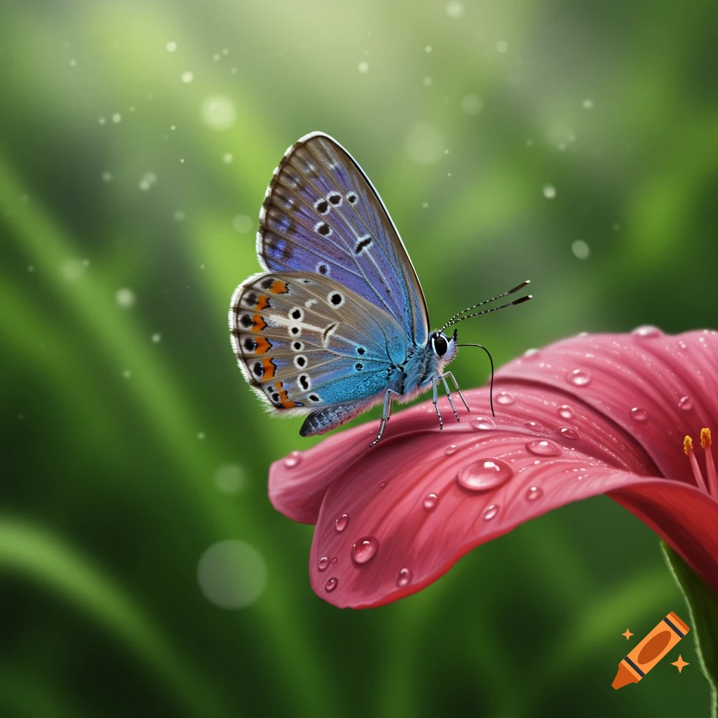 A photorealistic macro shot of a blue and brown butterfly with patterned wings, perched on a pink flower covered in water droplets.
