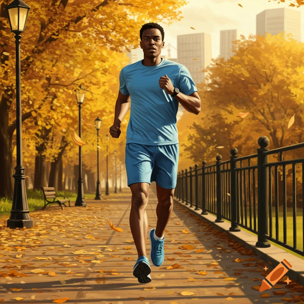 A man jogs on a park path lined with yellow autumn trees and fallen leaves, with city buildings in the background.