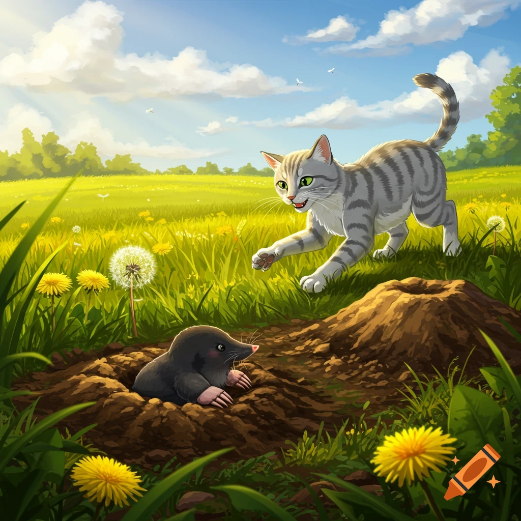 A grey striped cat pounces towards a mole emerging from its hole in a sunny, grassy field filled with dandelions, in a cartoon style.
