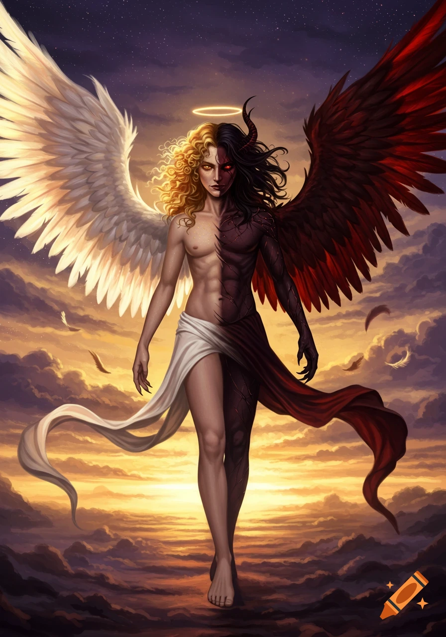 An imposing half-angel, half-demon figure with white and red wings, standing against a fiery sunset sky, digital art.