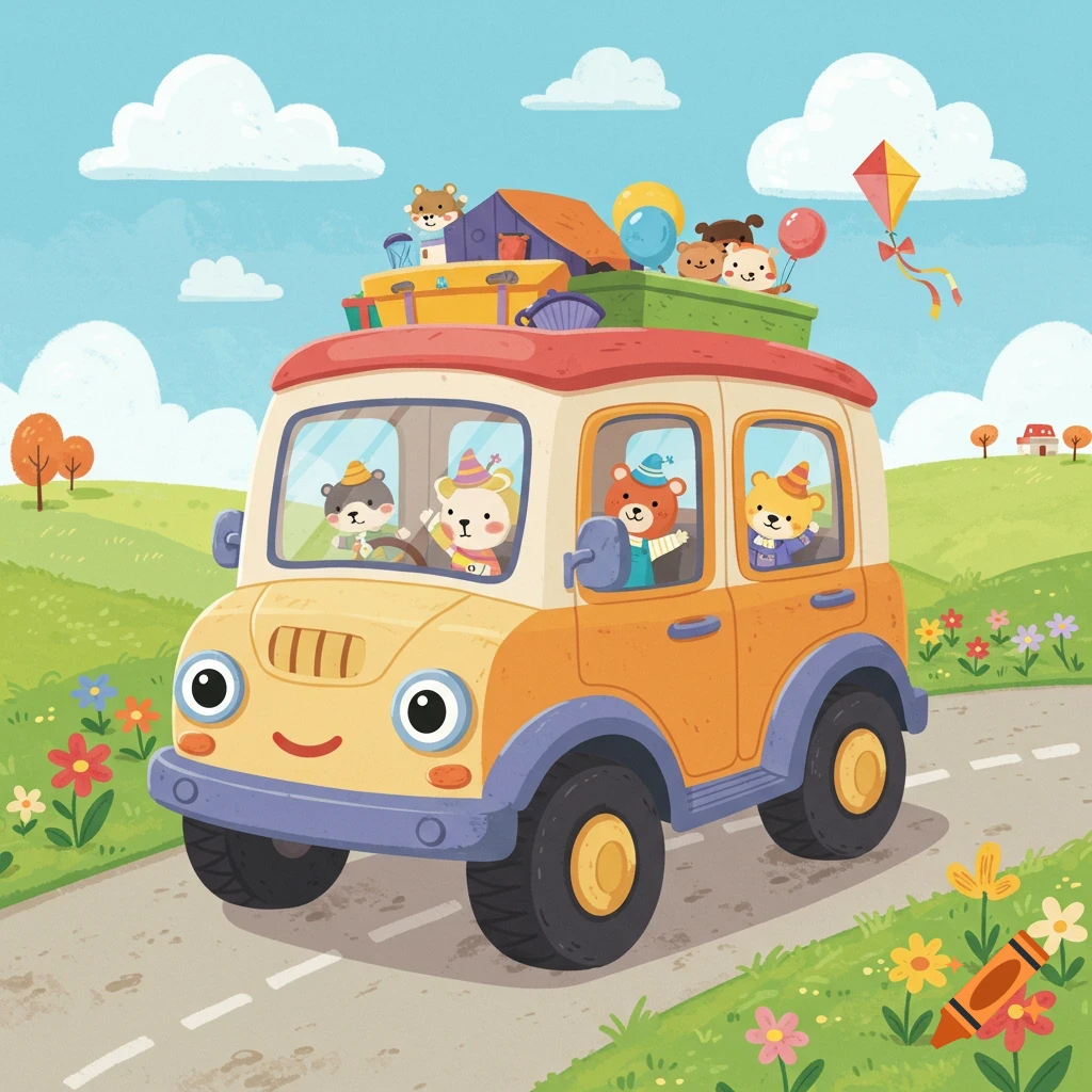 A cheerful children's illustration of cartoon bears driving a yellow and orange car on a road trip through a green countryside, with luggage on top and other bears waving.