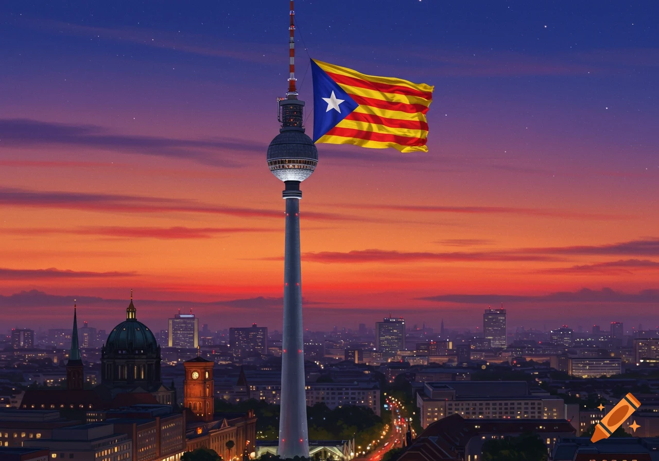 Berlin TV Tower flying a Catalan flag against a vibrant sunset over the city skyline.
