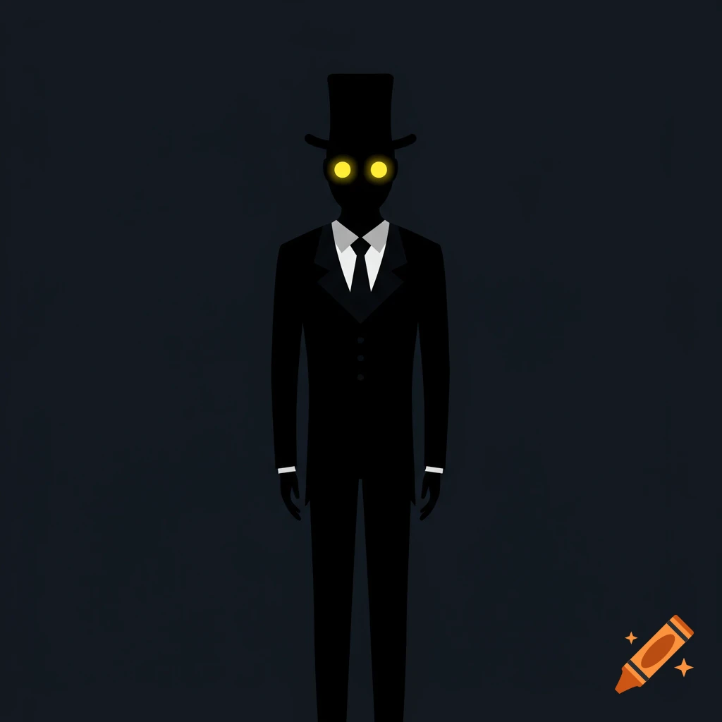A dark, minimalist illustration of a shadow man in a black suit and top hat with glowing yellow eyes against a dark background.