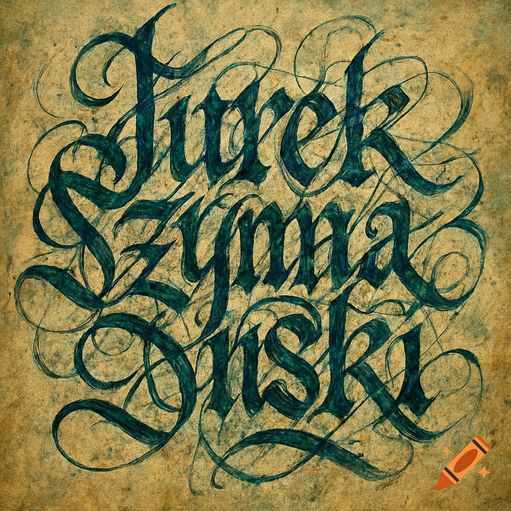 Dark teal calligraphy spelling "Jurek Szymanski" with intricate flourishes on a distressed, aged paper background.