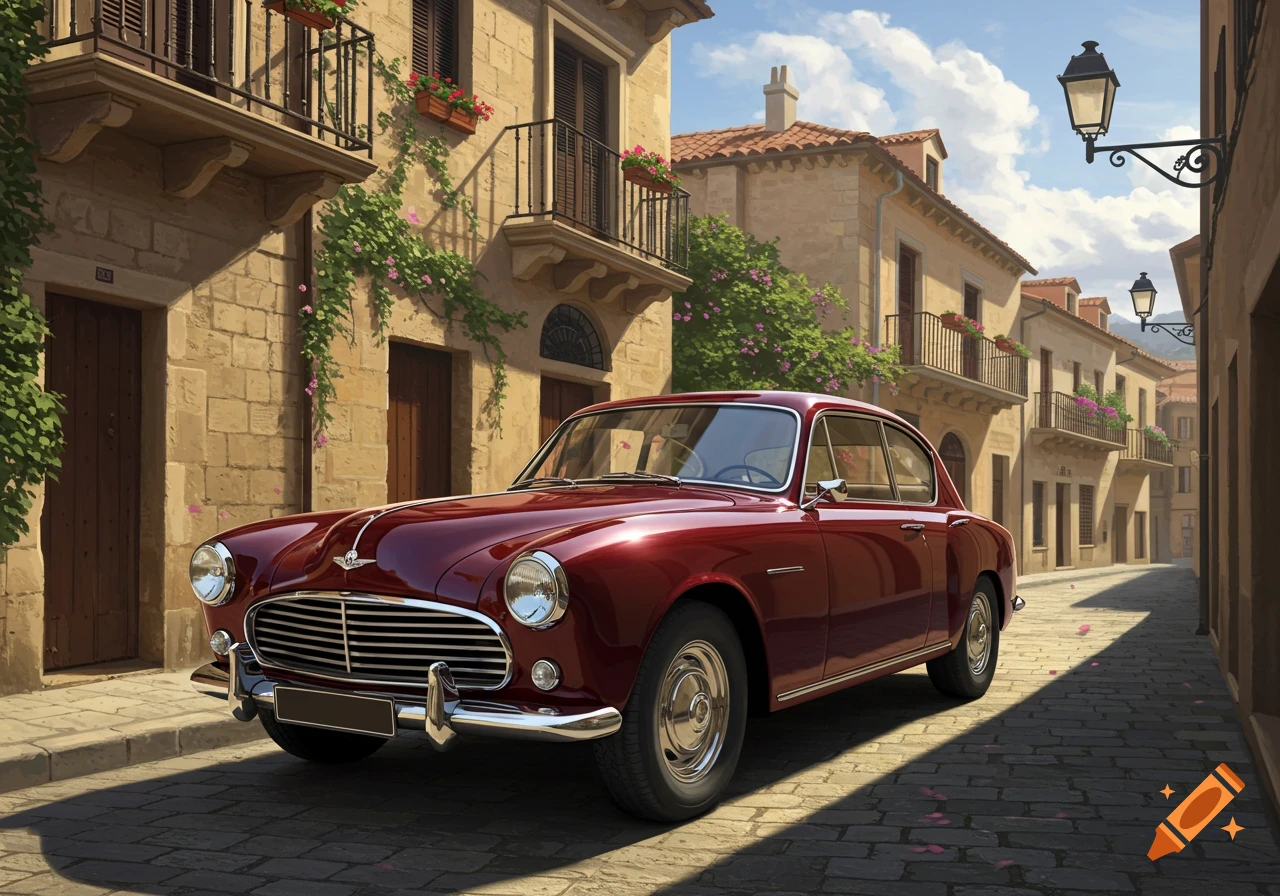 A shiny red vintage car parked on a cobblestone street, surrounded by old stone buildings with balconies and climbing greenery.