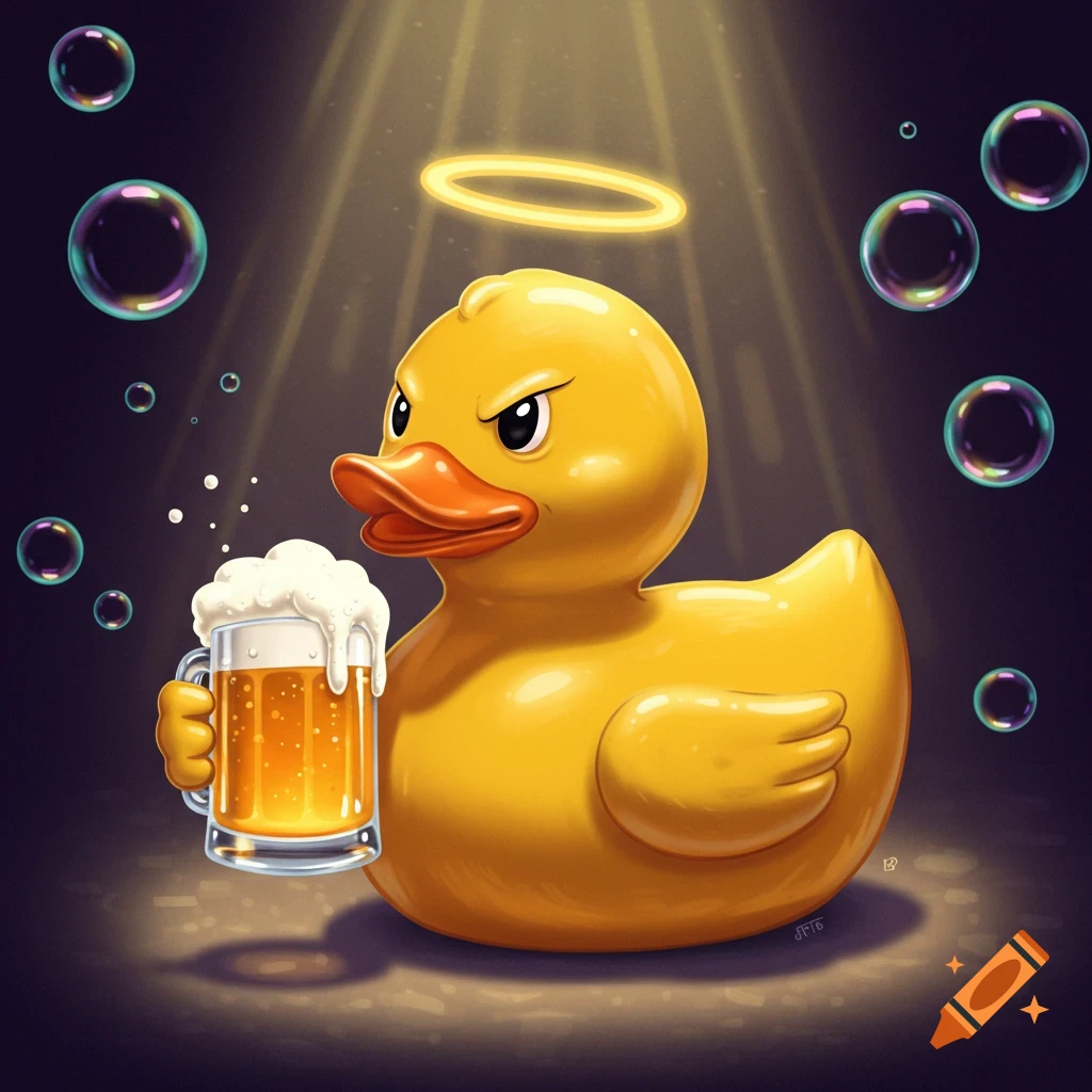 A cartoon yellow rubber duck with an evil smirk, wearing a halo, holding a foamy mug of beer, with bubbles floating around it.
