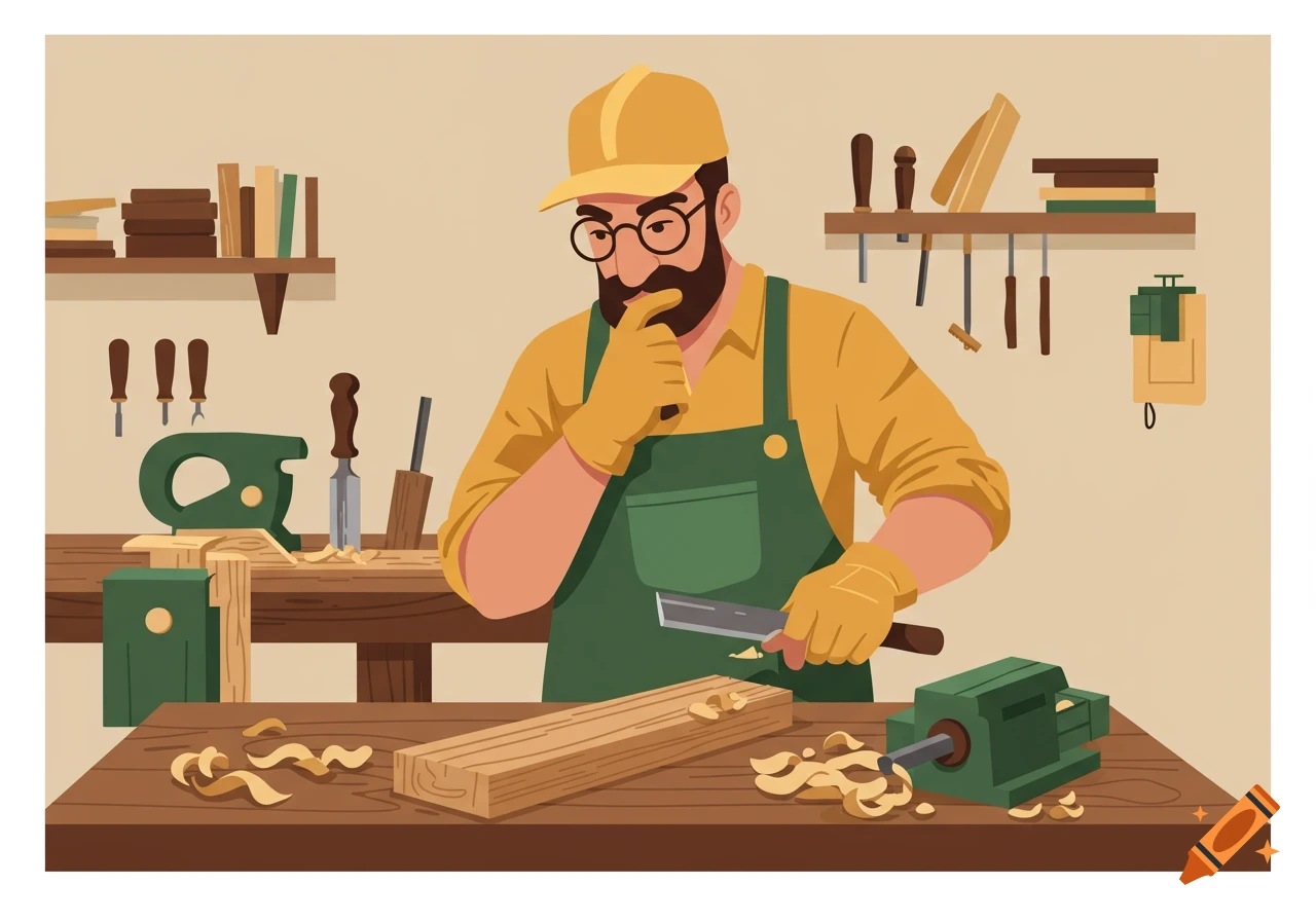 Flat illustration of a thoughtful bearded man in a green apron carving wood in a workshop.