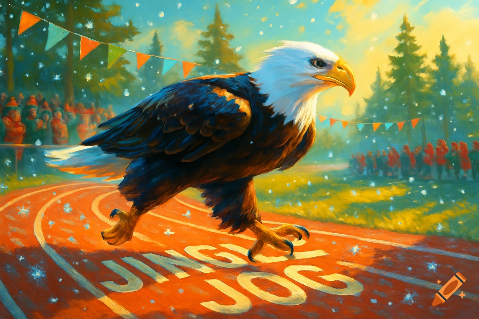 A painterly bald eagle runs on a snow-speckled track that reads "JINGLE JOG," with a cheering crowd and festive banners in the background.