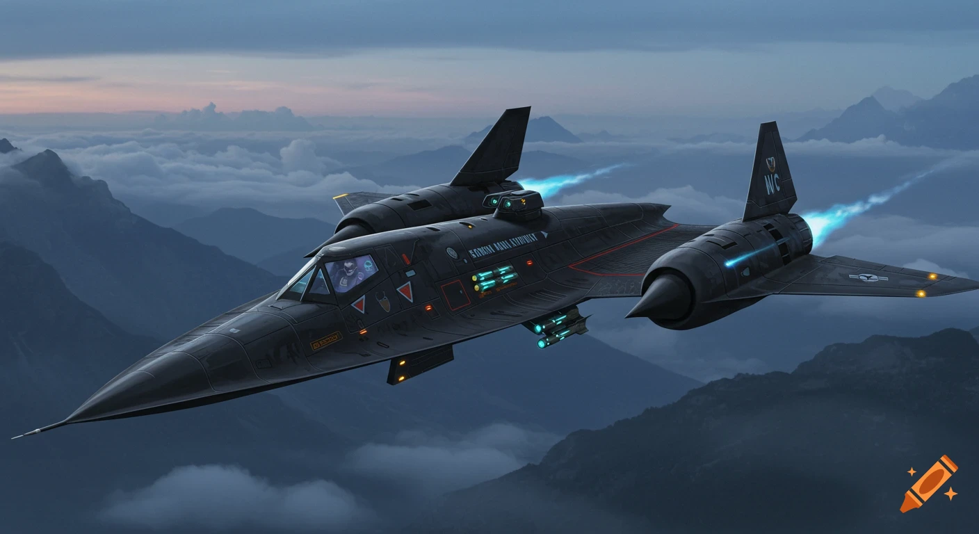 A sleek, black, futuristic jet aircraft with glowing blue engine exhaust streaks over a misty mountain range at sunset.