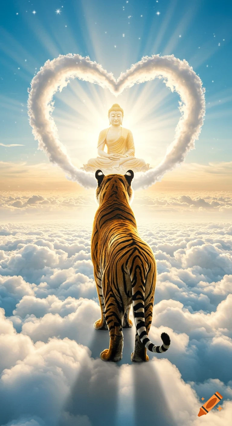 A tiger stands on clouds, looking up at a serene Buddha statue surrounded by a heart-shaped cloud in a bright, spiritual sky.