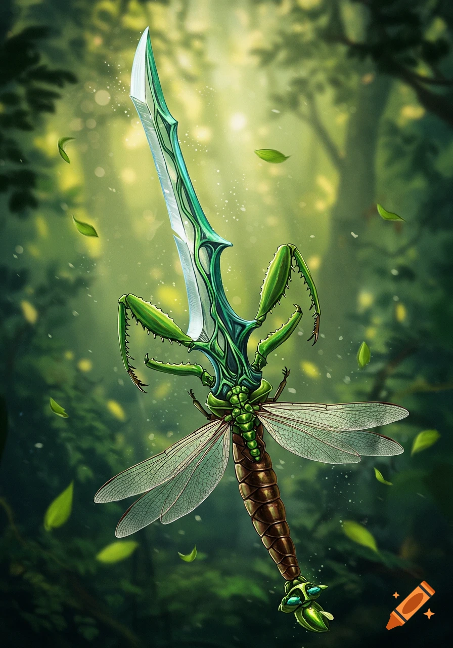 A detailed fantasy sword with a shimmering blade, a praying mantis-like hilt and guard, and a dragonfly body for the grip, set in a magical forest with floating leaves.