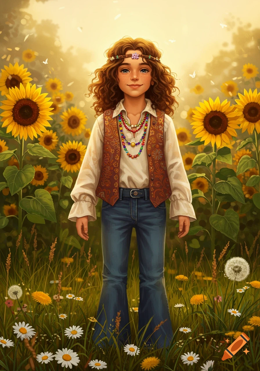 A young hippie with curly hair, wearing a vest, beads, and a flower headband, smiles in a vibrant sunflower and wildflower field. Digital art.