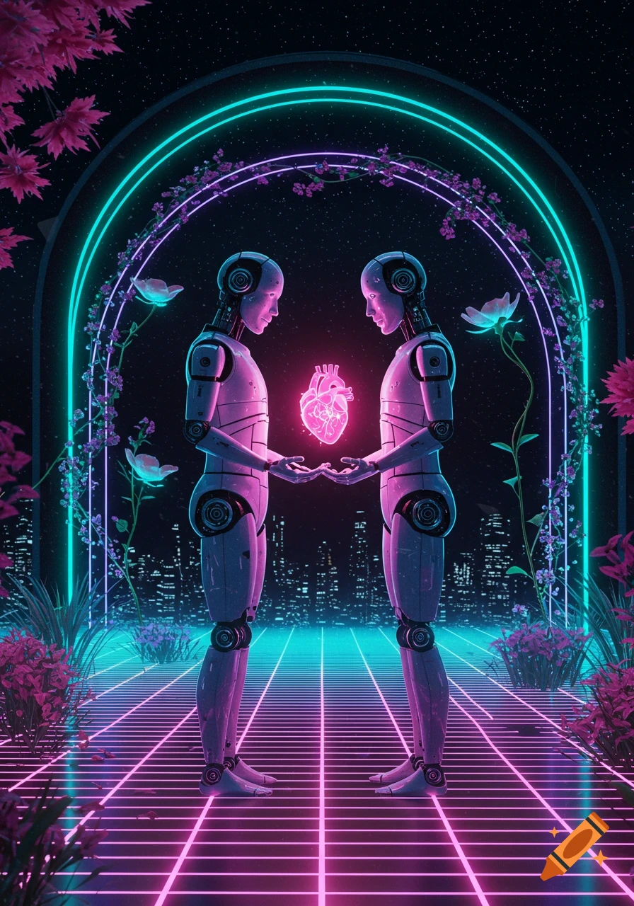 Two humanoid robots hold a glowing pink heart in a dark, synthwave-style cityscape with neon lights, plants, and a starry sky.