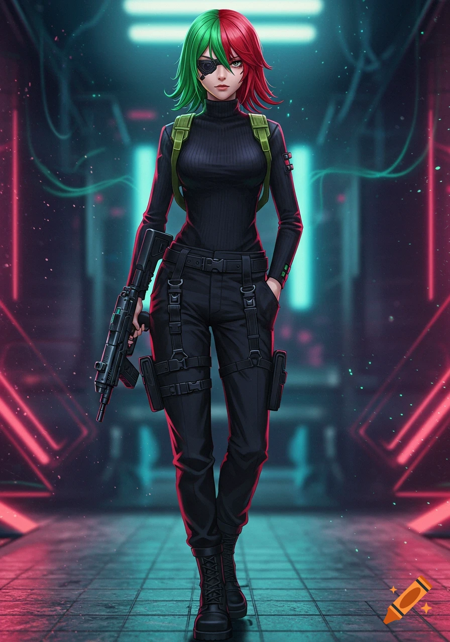 Anime girl with green and red hair, an eye patch, wearing a black turtleneck and tactical gear, holding a gun in a neon-lit cyberpunk hallway.