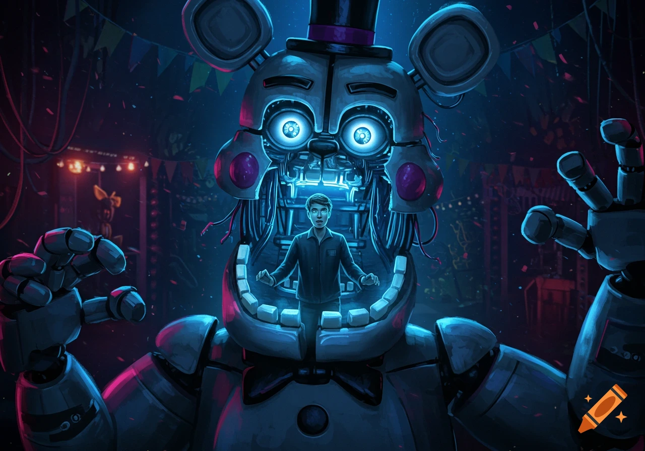 A man is trapped inside a large, glowing blue and white animatronic bear with a top hat in a dark, ominous setting, digital art.