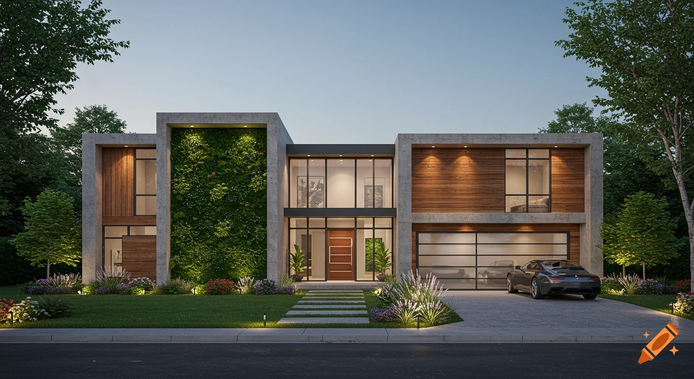 Photorealistic rendering of a modern house with concrete, wood siding, a living green wall, large windows, a car in the driveway, and landscaped front yard.