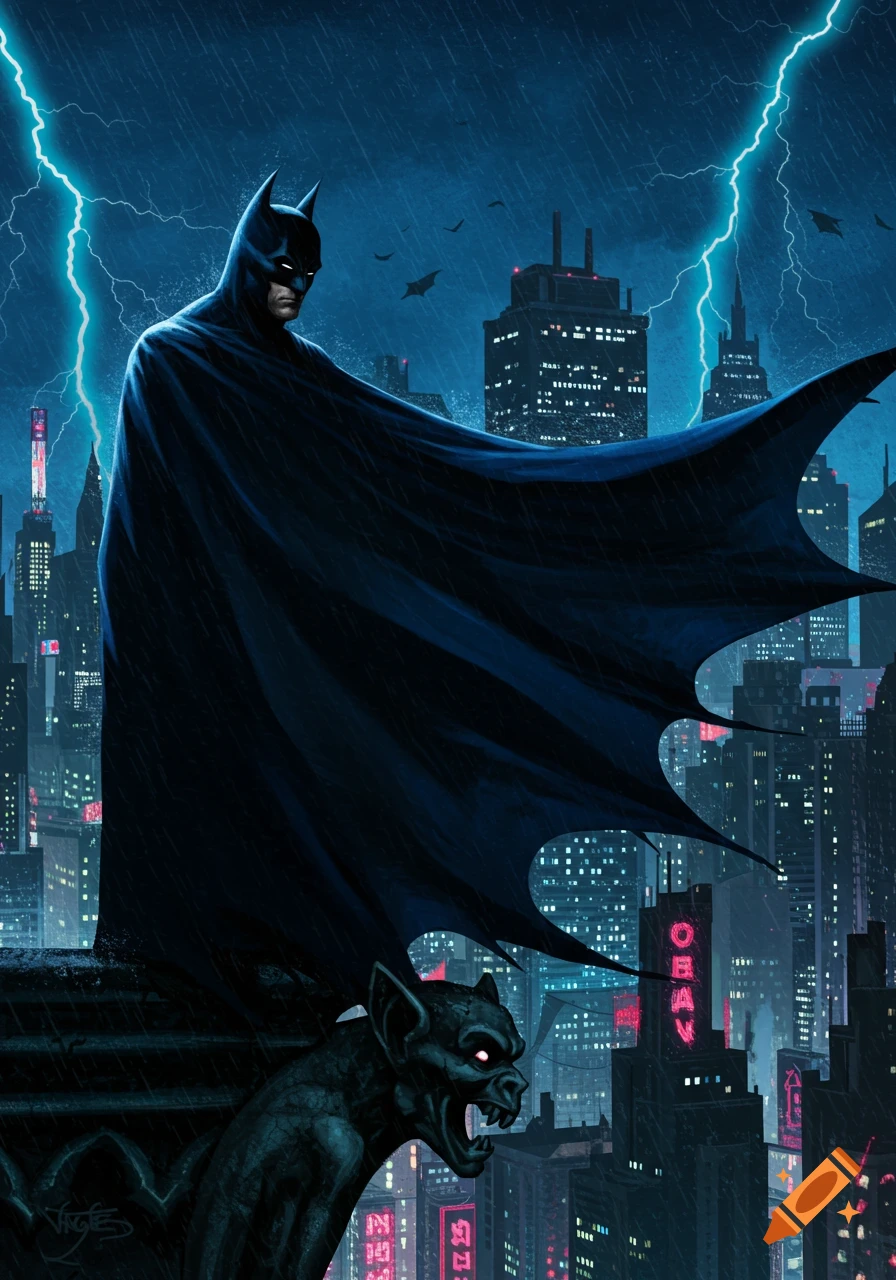 Batman stands atop a gargoyle overlooking a rainy, lightning-struck Gotham City at night, with neon signs below.