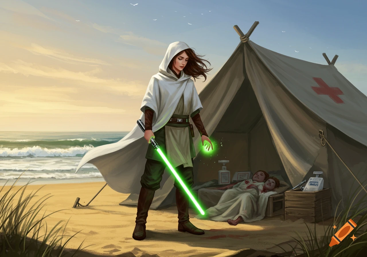 A female Jedi healer with a green lightsaber and glowing hand stands by a medical tent on a beach, healing injured children inside. Digital art.