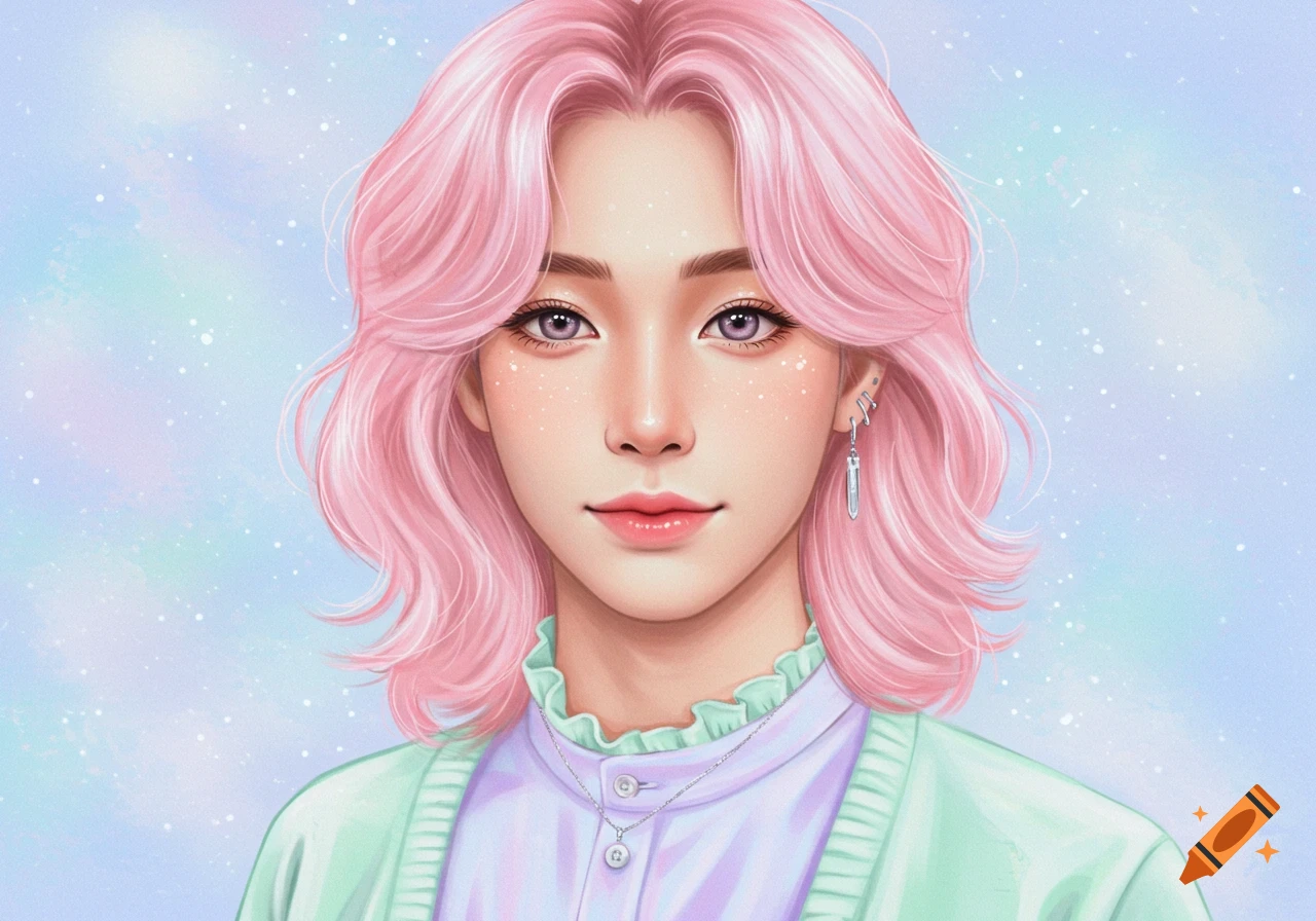 Digital art portrait of a person with wavy pink hair, purple eyes, and freckles, wearing a pastel blue ruffled shirt and green cardigan against a soft pastel sky background.