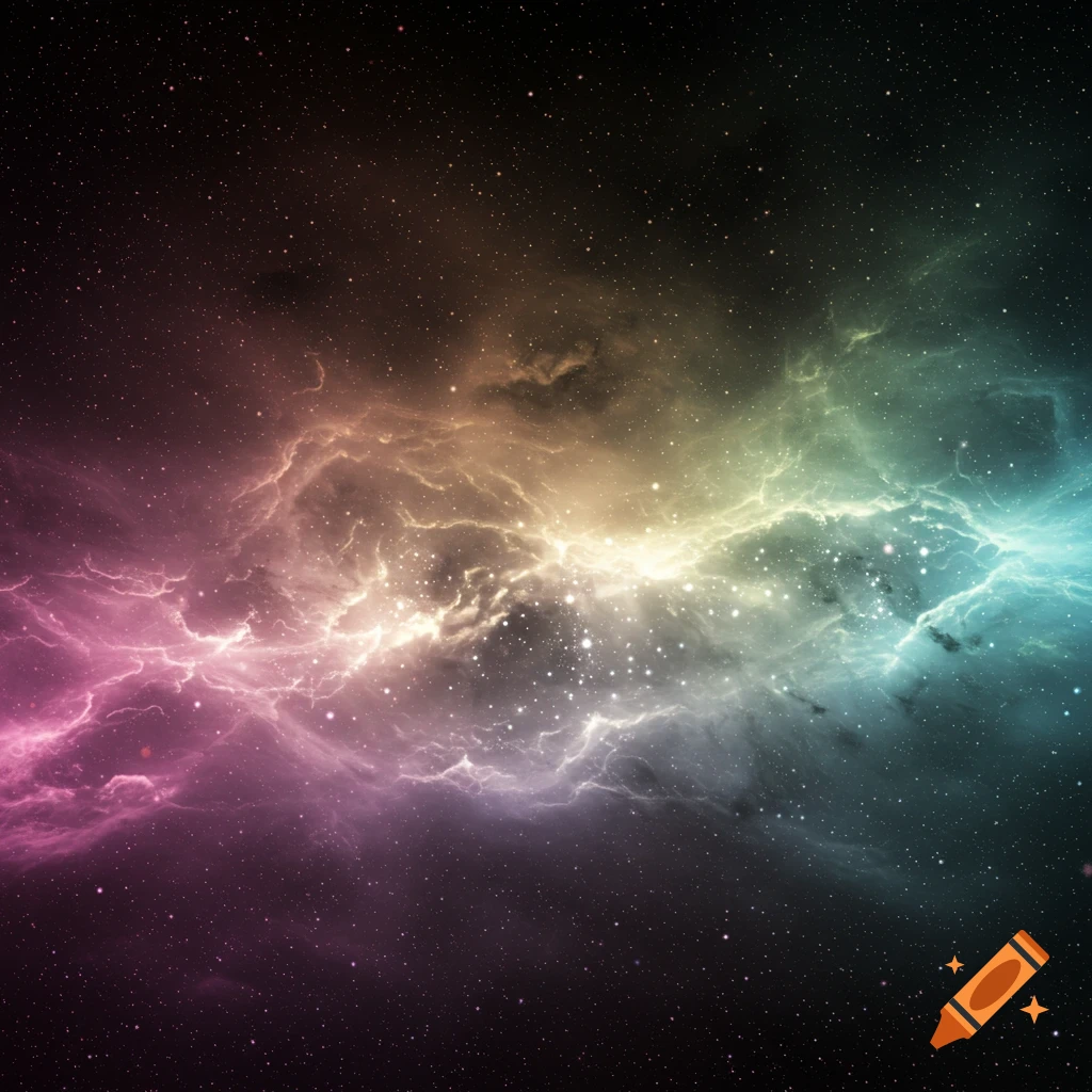 Vibrant nebula with glowing pink, orange, green, and blue gas against a starry black sky.