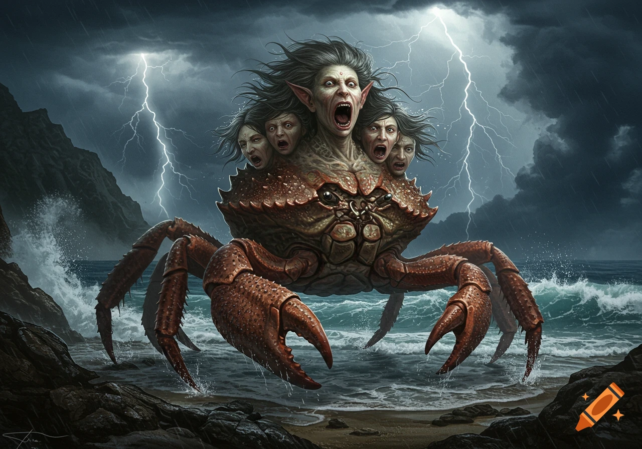 A grotesque multi-headed mutant creature with a crab body rises from a stormy sea with lightning. Dark fantasy art.